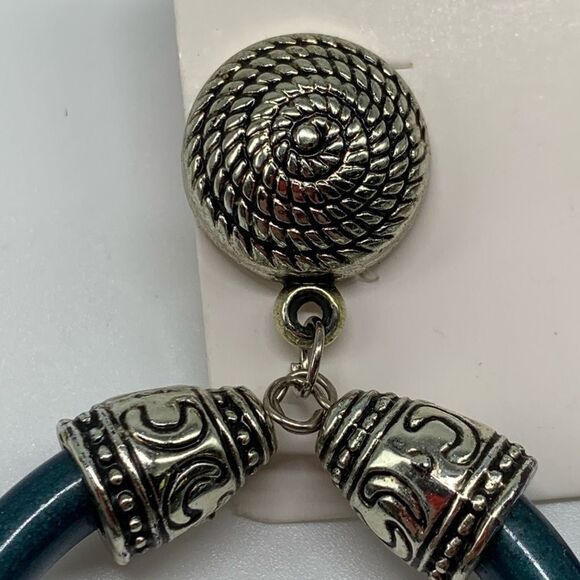 Silver Tone Hoop Earrings Boho Vintage Swirl Teal - Picture 3 of 7